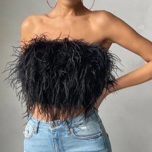 Club L London "Dream Daze" Feather Bandeau Crop Top | Black | NWT | Size 6